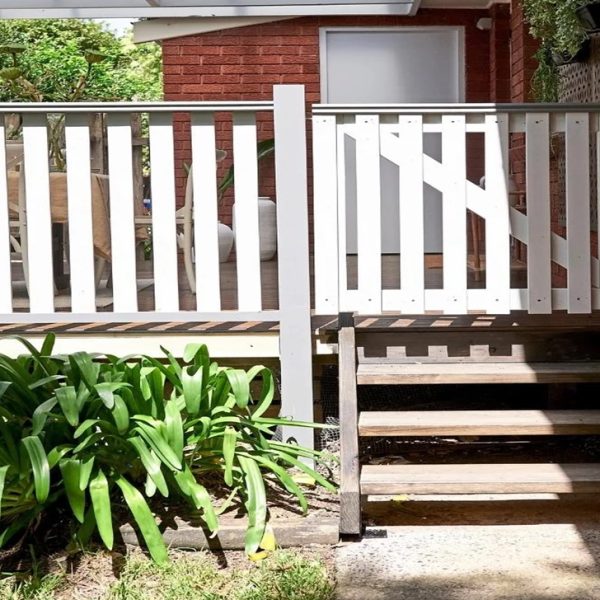 The Ezistep stringer kit has been assembled and positioned on the outside deck.